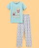 Lazy Bones Sinker Half Sleeves Night Suit Popcorn and Text Print - Blue