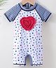 Kookie Kids Half Sleeves Legged Swimsuit Stars Print & Heart Applique - White & Navy
