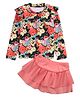 Kookie Kids Two Piece Swimsuit Floral Printed Full Sleeves Top and Solid Colour Skirt - Multicolour