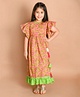 LIL PITAARA Pure Cotton Short Flutter Sleeves Seamless Jaipuri Floral Printed & Gota Flower Embellished Ethnic Gown - Peach