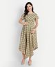MoMoms Half Sleeves Floral Leaves Motif Printed  Maternity & Nursing Fit And Flair Dress - Olive Green