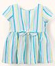 Simply Premium Cotton Half Sleeves Knee Length Frock with Bow Applique Striped Print - Blue