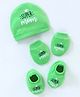 Simply Cotton Knit Cap Mittens & Booties Text Print Green - Diameter 9.5 cm