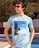 Pine Kids 100% Cotton Half Sleeves Biowashed T-Shirt Scenery Print- Blue