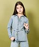 Lilpicks Couture Full Sleeves Solid Button Down Shirt Collar Belted Denim Jacket - Blue