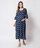 Aujjessa Three Fourth Sleeves Hand Block Floral Printed Maternity Feeding Dress - Indigo Blue