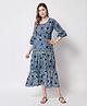 Aujjessa Three Fourth Sleeves Hand Block Floral Printed Maternity Feeding Dress - Indigo Blue