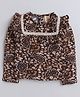 Aww Hunnie 100% Cotton Full Sleeves Leaf And Flowers Printed Frilled Shoulder With Lace Work Top - Brown