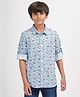 Zion Christmas Theme Full Roll Up Sleeves X mas Printed Shirt - Blue