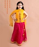 Pspeaches Sleeveless Flower Detailed Mirror Work Embellished Striped Short Kurta With Coordinating Bandhej Lehenga & Dupatta - Yellow & Pink