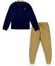 Kiddopanti Pack Of 2 Full Sleeves Solid Ribbed Henley Neck Tee With Track Pant Set - Navy Blue Brown