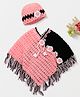MayRa Knits Full Sleeves Flower Crochet Hand Knitted Poncho Sweater & Cap -Pink