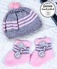 COCOON ORGANICS Handcrafted Soft And Warm Striped Winter Bobble Cap & Socks - Grey & Pink