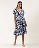Blush 9 Half Sleeves Seamless Flower Silhouette Printed & Frill Detailed Flared Maternity & Nursing Dress With Concealed Zip - Navy Blue