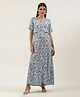 Blush 9 Half Sleeves Seamless Flower & Leaf Printed Double Layered Nursing Access Maternity Dress - Blue