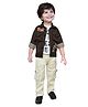 DOTSON Full Sleeves Berlin Embroidered Jacket With Half Sleeves Text Printed Tee And Jeans - Dark Brown