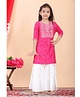 FlyFinns Three Fourth Sleeves Seamless Bandhej Designed & Sequin Embellished Yoke Embroidered Kurta With Sharara - Pink
