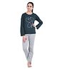 Funkrafts Full Sleeves One Line Art Cat Printed Top With Polka Dot Pyjama - Dark Green & Grey