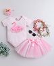 TINY MINY MEE Half Sleeves Glittery Swan Printed Onesie With Glittery Flared Skirt And Swan Tulle Headband - Pink