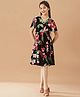 Pspeaches Half Sleeves Botanical Roses Floral Printed Gathered Dress - Black