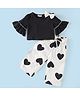 CrayonFlakes Half Bell Sleeves Solid Bow Embellished Top With All Over Heart Printed Palazzo - Black & White