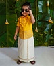 Tiber Taber Half Sleeves Elephant & Floral Motif Glitter Printed Shirt & Mundu Set - Yellow