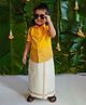 Tiber Taber Half Sleeves Elephant & Floral Motif Glitter Printed Shirt & Mundu Set - Yellow