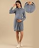 Shades Of Sabi Full Sleeves Embroidered Collared Maternity Shirt Dress With Fabric Belt - Blue