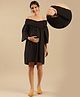 Shades Of Sabi Off Shoulder Full Sleeves Smocked Neckline Detailed Maternity Dress With Nursing Access - Black