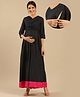 Shades Of Sabi Three Fourth Sleeves  Dobby Work Embellished Wrapped Yoke Detailed Fit & Flare Maternity Dress With With Vertical Concealed Zipper Nursing Access - Navy Blue