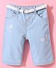 Babyhug Cotton Washed Denim Capri With Belt Floral Embroidery- Light Blue