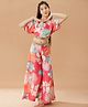 Pspeaches Half Sleeves Mirrorwork Detail Floral Printed Crop Top With Flared Palazzo - Magenta Pink