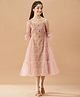 Pspeaches Three Fourth Sleeves Floral Printed Crochet FlowersEmbellished Net Overlayed Party Dress - Pink