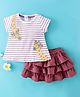 Toffyhouse Cotton Half Sleeves Striped Tops And Corduroy Skirts Giraffe Patch - White & Magenta