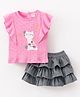 ToffyHouse Tops and Skirts Half sleeves  Knitted Cotton Interlock, Bottom - 100% Woven Cotton Corduroy Female Medium Pink Top+ Light Grey Bottom   3-6m