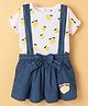 ToffyHouse 100% Cotton Woven Half Sleeves Top & Denim Skirt Set with Suspenders & Bow Applique Lemon Print - White Blue