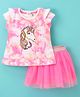 ToffyHouse Cap Sleeves Top & Skirt Set Unicorn Print - White & Medium Pink