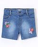 ToffyHouse Cotton Mid Thigh Length Stretchable Denim Shorts Floral Embroidery - Blue