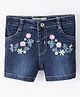 ToffyHouse Cotton Denim Mid Thigh Length Washed Stretchable Shorts with Floral Embroidery- Medium Blue