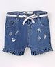 Toffyhouse Stretch Denim Medium Washed  Mid Thigh Length Shorts With Belt Embroidered - Blue