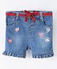 ToffyHouse Cotton Denim Mid Thigh Length Washed Stretchable Shorts with Belt Heart Embroidery - Medium Blue