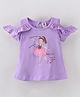 ToffyHouse Single Jersey Cotton Cold Shoulder Sleeves Top with Frill Detailing & Ballerina Print - Blue Mauve