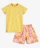 Campana Half Sleeves Solid Top with Flowers Printed Shorts - Yellow Pink