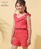 Arias Cotton Linen Sleeveless Cut Out Romper With Smocking & Ruffle Details - Red