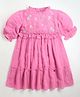 Cherry Crumble By Nitt Hyman Puffed Half Sleeves Flower Embroidered Yoke With Ruffle Detailed Fit & Flare Dress - Pink