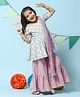 BIBA Half Sleeves All Over Jaipuri Flower Motif Printed Peplum Kurta With Abstract Striped Designed Sharara & Coordinating Dupatta - Light Blue