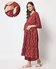 Aujjessa Three Fourth Sleeves Leaf Motif Printed Printed Maternity Feeding Kurta With Vertical Concealed Zipper Access & Pyjama - Maroon