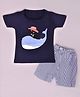 Hrit Half Sleeves Whale Printed Tee & Pencil Striped Shorts Set - Blue