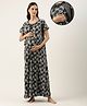 Nejo Pure Cotton Half Sleeves Seamless Intricate Flowers Printed Maternity & Nursing Night Dress With Concealed Zipper Access - Dark Grey