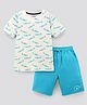 Primo Gino 100% Cotton Half Sleeves Aeroplane Print T-Shirt & Solid Color Shorts Set - Off White & Teal Blue